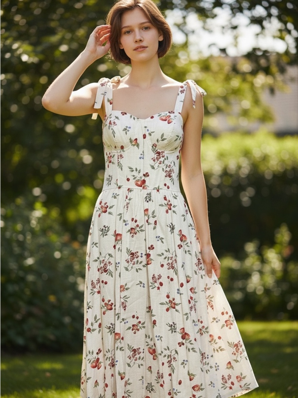 LC Lauren Conrad Cream Floral Tie-Shoulder Midi Dress